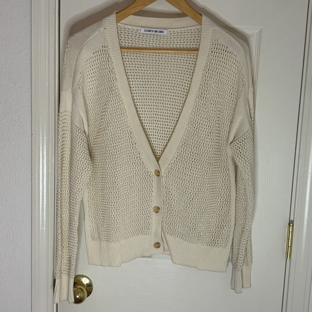 Elizabeth and James Women’s Open Weave 3 Button Cardigan Cream See Measurements